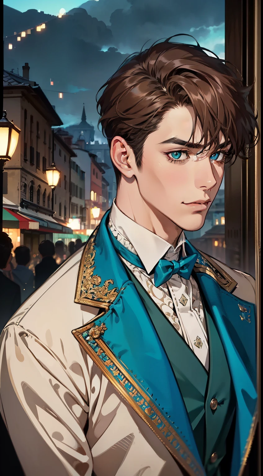 undercucho Close Portrait of Elegant Person [undercucho] in bespoke MAN suit: tall muscular man, classic style, intricate detial baroque, elegant, bright lights, highly detailed, digital painting, artstation, concept art, soft and sharp focus, portrait , illustration, art by wlop, mars ravelo and greg rutkowski (High detail skin: 1.2), 8k uhd, DSLR, soft lighting, high quality, film grain, Fujifilm XT3 mix4, male model, (((1 MAN))) suit, seductive, Florence, Italy background, (((/LOOKING AT THE VIEWER/))) ((((SHORT BROWN HAIR))) (((LONG BANGS))) (((TURQUOISE EYES))) (((DELIGHTED LOOK))), SMILE, MYSTERIOUS AURA, night, bokeh, depth of field, (upper body: 1.0), best quality, intricate details, detailed eyes, masterpiece, film grain, 1900s, kodakchrome, flashlight, strange smoke around him, MASTERPIECE
