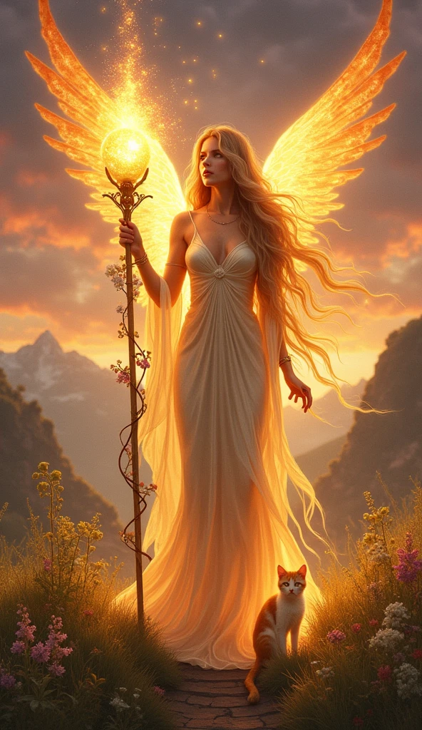 Design a hyper-realistic and awe-inspiring image for the Queen of Staffs in the Lumen Angelis Tarot deck. The scene centers on a regal and commanding angelic figure, the Queen of Staffs, standing tall and composed on a lush, verdant throne. The throne is intricately carved from living wood, intertwined with blooming flowers and vines that pulse with a warm, golden light, symbolizing life, vitality, and growth.
The Queen of Staffs herself is a figure of both grace and strength. She wears a radiant gown that flows around her like liquid sunlight, shimmering in shades of gold, amber, and deep crimson, reflecting the fiery energy and passion she embodies. Her hair, long and wild, cascades down her shoulders in waves that seem to be kissed by flames, glowing with an inner fire.
In one hand, she holds a tall, glowing staff of light, rooted in the earth but reaching toward the heavens. The staff is crowned with a vibrant, fiery orb that blazes with life and energy, symbolizing the Queen’s connection to both the spiritual and the earthly realms. Her other hand is gently extended, and a small, ethereal cat sits by her side, its eyes glowing with wisdom, and its fur shimmering as if woven from the light itself—a nod to the traditional black cat in the Rider-Waite deck.
Behind her, the sky is a breathtaking blend of deep purples, oranges, and reds, as if the very dawn or dusk is unfolding in her presence. The landscape is alive with energy; fields of golden grass sway in the warm breeze, and the distant mountains are bathed in a soft, ethereal glow. The entire scene radiates with a sense of warmth, nurturing, and the powerful yet gentle influence of the Queen.
This image should capture the essence of the Queen of Staffs as a figure of authority, creativity, and compassion, with the added luminous and divine qualities of the Lumen Angelis deck. It should remain true to the symbolism of the Rider-Waite Queen of Wands, but with a vibrant, celestial twist that elevates her pre