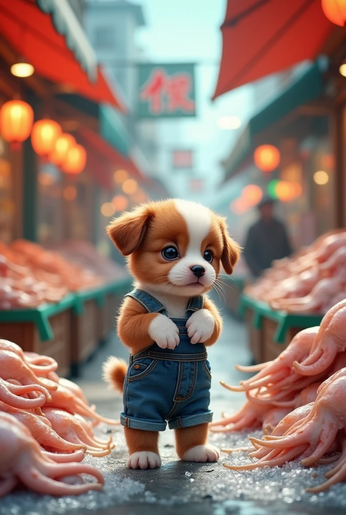 {
"size": "1024x1792",
"prompt": "A small brown and white puppy stands on its hind legs inside a busy squid shop. The puppy, dressed in denim overalls, is surrounded by stacks of fresh squid on ice, with the shop's vibrant decor and hanging lanterns above. The puppy gazes at the squid with a mix of curiosity and excitement, as if contemplating a purchase. The shop is lively, with seafood signs and market sounds filling the air. The image is 9:16, capturing the puppy as the central figure in