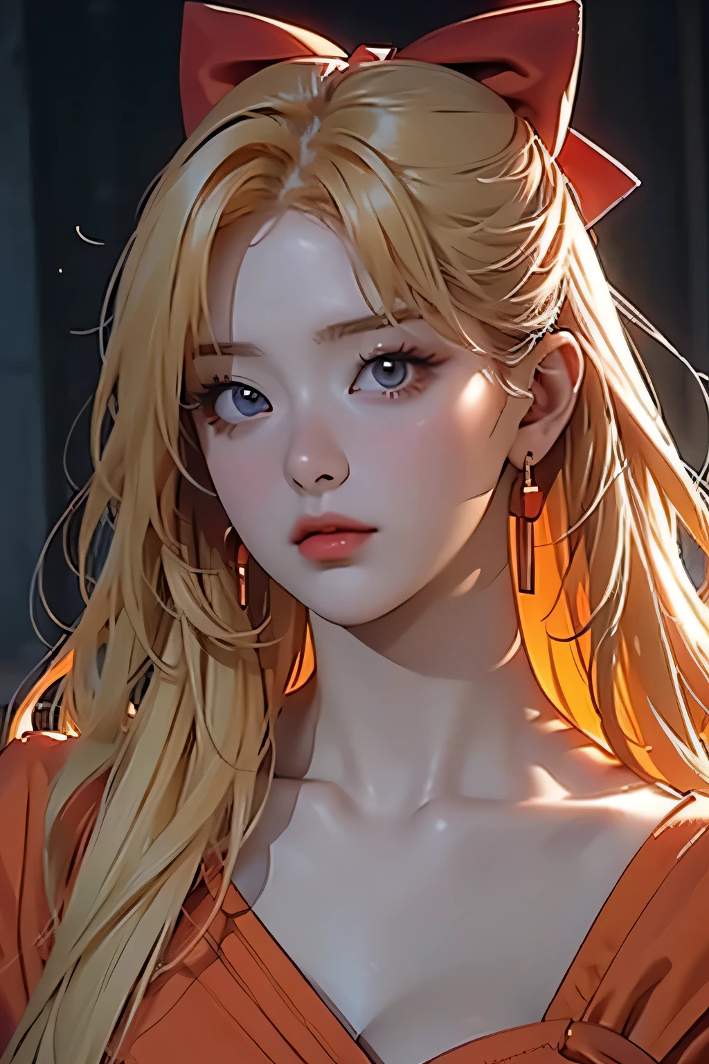 Seulgi, orange satin dress, long blonde hair, red hair bow, beautiful detailed eyes, beautiful detailed lips, extremely detailed face, longeyelashes, elegant pose, dramatic lighting, cinematic, chiaroscuro, dramatic shadows, moody, atmospheric, photorealistic, 8k, best quality, masterpiece