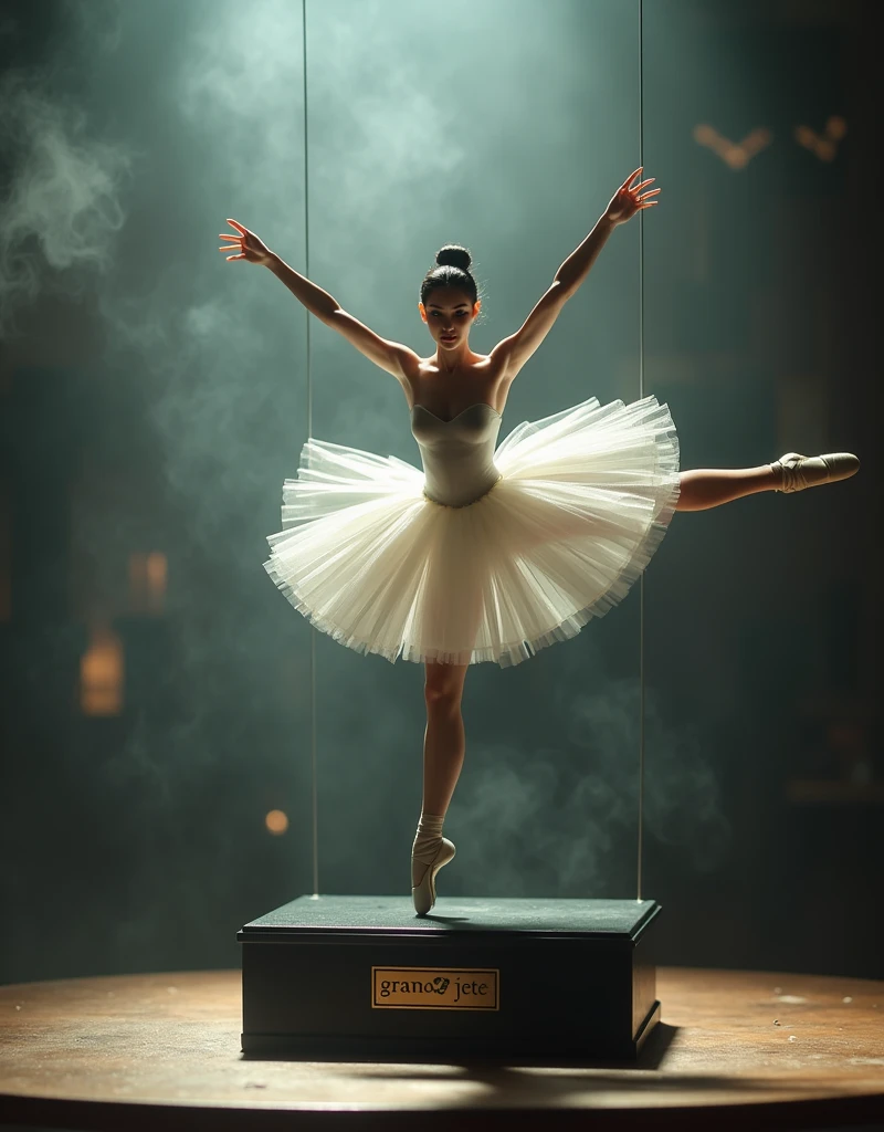 An action figure of a ballet dancer in white tutu doing a split in the air. A thin and invisible metal support holds the ballerina. The action figure is resting on a black plastic pedestal on a wooden table. (On the pedestal there is the inscription: "Grand Jeté" engraved on a gold plate). Cinematic lights. Masterpiece, best quality, 8K, photo realistic, wallpaper, wallpaper 8k, photographic contest winner, Hyperrealistic art cinematic film still photography in the style of detailed hyperrealism photoshoot. [Entire scene is surrounded by lights, evoking a magical and eerie atmosphere. The lighting is bright and atmospheric, with smoke adding a touch of sinister ambiance. Best quality image, HDR enhancement, showcasing the utmost level of detail and realism]. [8K, Best Quality, Ultra High Resolution, (highly detailed CG unity 8k wallpaper), (best photo), (best shadows), isometric 3D, octane rendering, ray tracing, highly detailed, (Best quality, 4K, 8k:1.2), absurdity, ultra detailed, (realistic, photorealistic, photorealistic:1.37), complex parts, HDR, (complex parts:1.12), (hyper detailed, hyper realistic, Soft lighting, spicy:1.2), (complex parts, Hyper detailed:1.15). Blurred foreground. (backlit), masterpiece, high quality, brightness, chromatic aberration, foggy smoke, shadows, contrast, clear sky, (warm hue, warm tone), high details, natural reflections].
