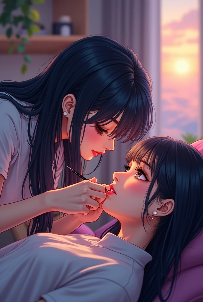 GENERATE AN IMAGE OF A DARK-HAIRED LASHIST WITH HER CLIENT IN ANIME ANIMATION