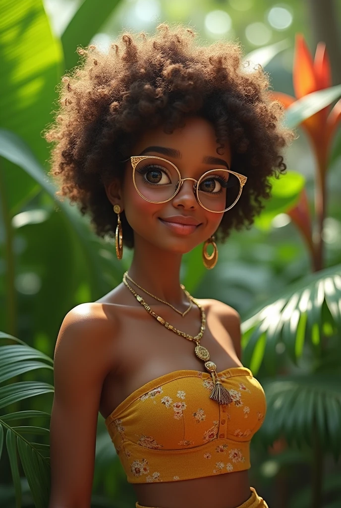 A Brazilian woman from Bahia with short brown hair with blonde tips,curly hair with 4c curls,dark brown eyes with full lips merchant looks with half-slanted eyes with white skin color with glasses, Round face ,   and skinny in a garden