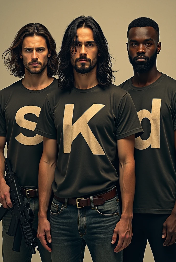 Three men, one dark-skinned and two skin-colored, with weapons and on their shirts the letter (s) the other la letra (k) y the other (D) dos hombres son de color piel blanca y the other es moreno uno con la letras (s) the other (k) y the other (D) a man with long hair 