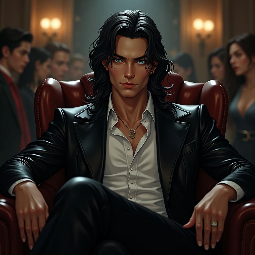 long black hair, teal blue eyes, long lashes, white and pale skin. smooth. (((masterpiece))) male. Young male. sexy. No facial hair or body hair. Delicate and pretty facial features. He's a young, sexy mafia boss. Crossing legs and sitting on his chair. People are obeying him. He's a mafia boss. Sexy and shiny leather clothes.