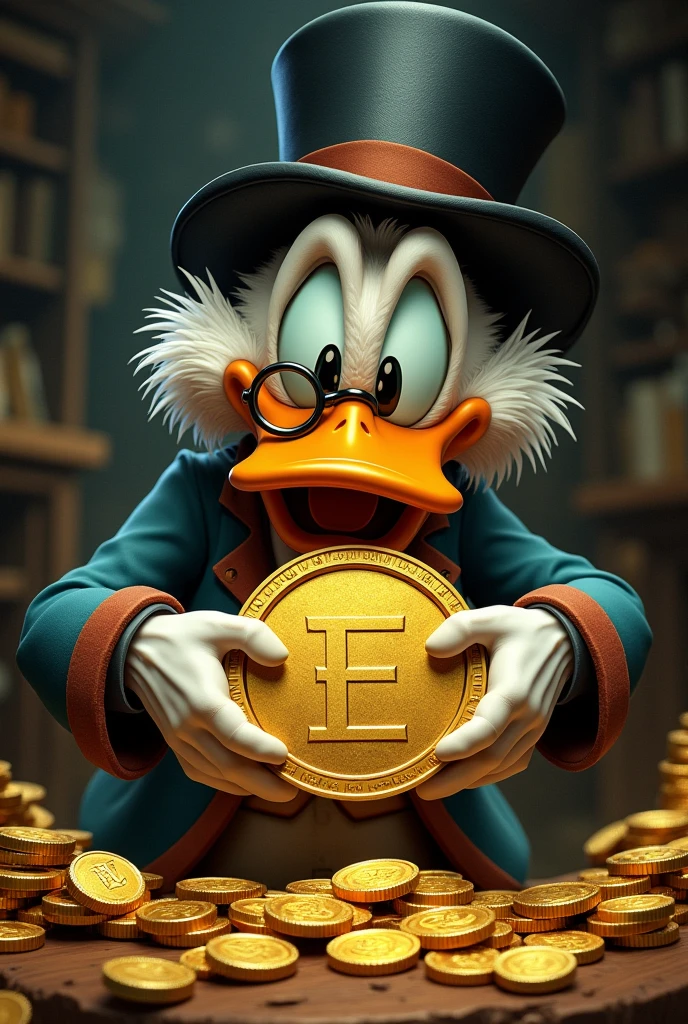 uncle scrooge holding a realistic coin