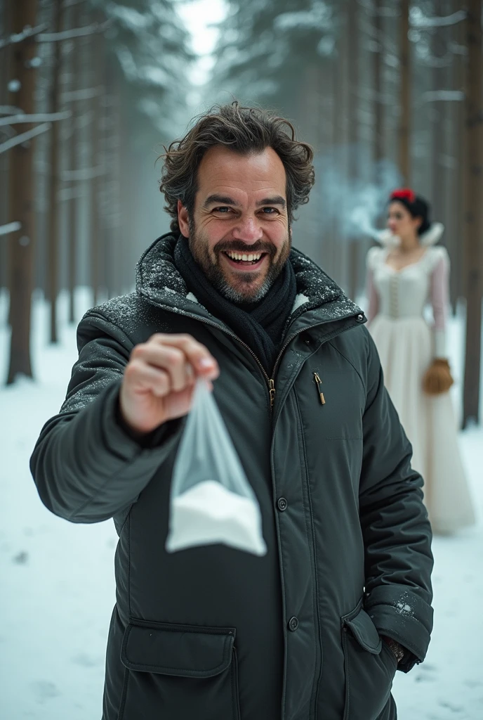 Peter Hayden Dinklage showing the screen a bag of cocaine while smiling at the screen, In the background there is a forest and you can see Snow White smoking.