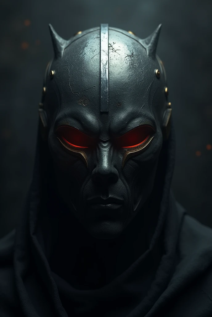 A dark, metallic mask with a matte or slightly glossy finish, featuring minor scratches and wear marks that suggest battle experience. The mask should be in shades of dark gray or black, with silver or gold accents highlighting the eye contours. The eye openings are narrow, with a subtle glow emanating from within, adding a sense of mystery and intimidation. The mask floats in a dark background, partially shrouded in shadows, evoking a sense of anonymity and hidden strength. The atmosphere should be ominous and foreboding