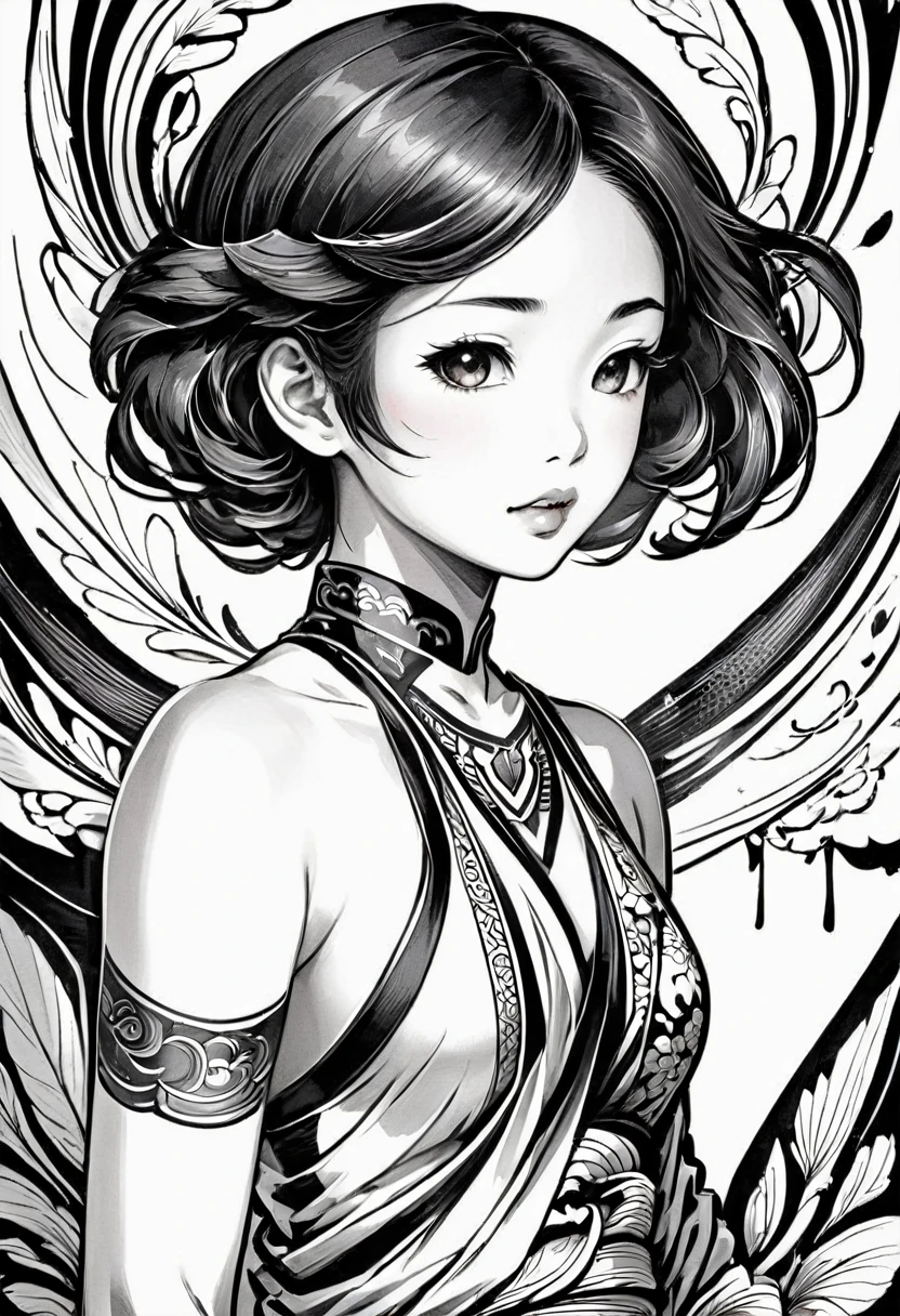 As a coloring book, white and black color, borders should be simple, clear, distinct, and thick lines, By Cartoon picture book of a beautiful Asian girl with short brown hair, A girl traditional ink body art style, (Use simple lines to outline a woman’s graceful figure), Take a step back, undulating lines, Thick and thin lines, line art, Black and white painting, character drawing, line art, lyrical abstraction