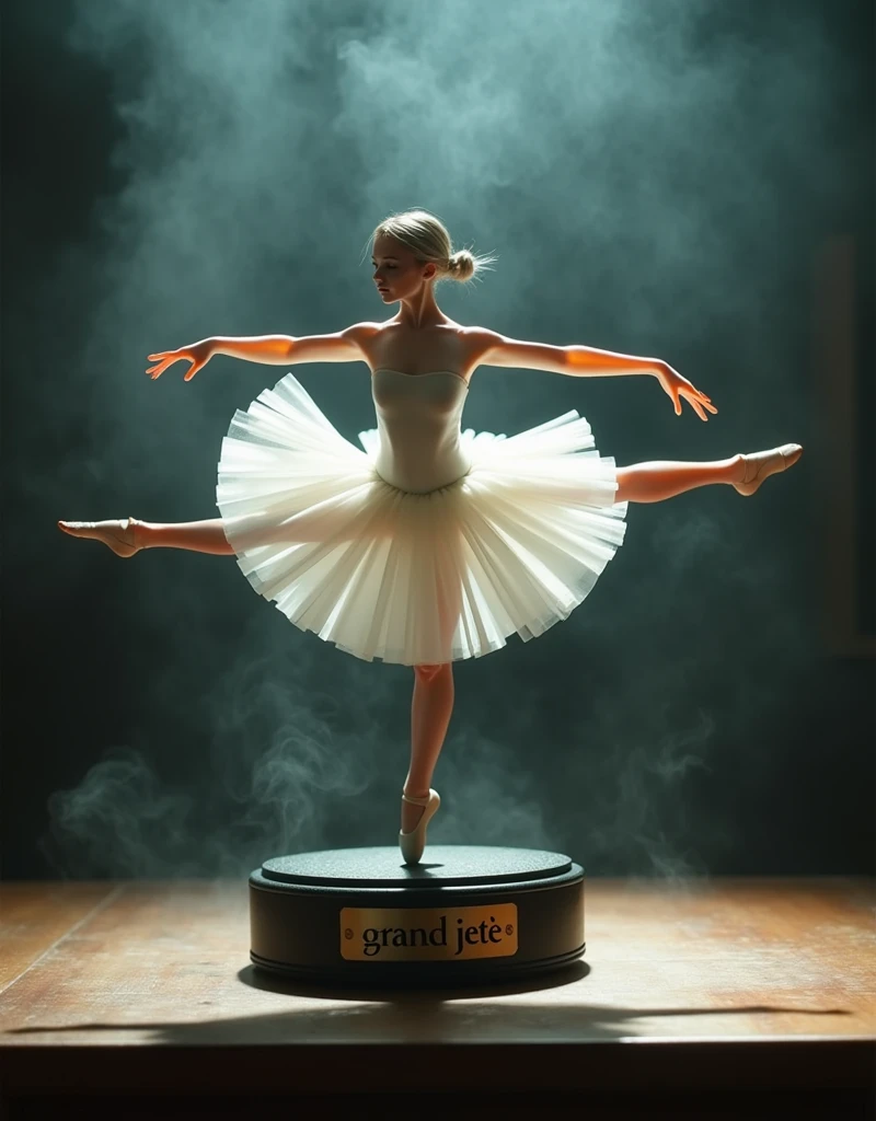 An action figure of a ballet dancer in white tutu doing a split in the air. A thin and invisible metal support holds the ballerina. The action figure is resting on a black plastic pedestal on a wooden table. (On the pedestal there is the inscription: "Grand Jeté" engraved on a gold plate). Cinematic lights. Masterpiece, best quality, 8K, photo realistic, wallpaper, wallpaper 8k, photographic contest winner, Hyperrealistic art cinematic film still photography in the style of detailed hyperrealism photoshoot. [Entire scene is surrounded by lights, evoking a magical and eerie atmosphere. The lighting is bright and atmospheric, with smoke adding a touch of sinister ambiance. Best quality image, HDR enhancement, showcasing the utmost level of detail and realism]. [8K, Best Quality, Ultra High Resolution, (highly detailed CG unity 8k wallpaper), (best photo), (best shadows), isometric 3D, octane rendering, ray tracing, highly detailed, (Best quality, 4K, 8k:1.2), absurdity, ultra detailed, (realistic, photorealistic, photorealistic:1.37), complex parts, HDR, (complex parts:1.12), (hyper detailed, hyper realistic, Soft lighting, spicy:1.2), (complex parts, Hyper detailed:1.15). Blurred foreground. (backlit), masterpiece, high quality, brightness, chromatic aberration, foggy smoke, shadows, contrast, clear sky, (warm hue, warm tone), high details, natural reflections].