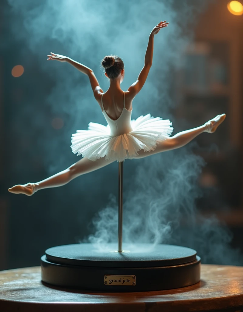 An action figure of a ballet dancer in white tutu doing a split in the air. A thin and invisible metal support holds the ballerina. The action figure is resting on a black plastic pedestal on a wooden table. (On the pedestal there is the inscription: "Grand Jeté" engraved on a gold plate). Cinematic lights. Masterpiece, best quality, 8K, photo realistic, wallpaper, wallpaper 8k, photographic contest winner, Hyperrealistic art cinematic film still photography in the style of detailed hyperrealism photoshoot. [Entire scene is surrounded by lights, evoking a magical and eerie atmosphere. The lighting is bright and atmospheric, with smoke adding a touch of sinister ambiance. Best quality image, HDR enhancement, showcasing the utmost level of detail and realism]. [8K, Best Quality, Ultra High Resolution, (highly detailed CG unity 8k wallpaper), (best photo), (best shadows), isometric 3D, octane rendering, ray tracing, highly detailed, (Best quality, 4K, 8k:1.2), absurdity, ultra detailed, (realistic, photorealistic, photorealistic:1.37), complex parts, HDR, (complex parts:1.12), (hyper detailed, hyper realistic, Soft lighting, spicy:1.2), (complex parts, Hyper detailed:1.15). Blurred foreground. (backlit), masterpiece, high quality, brightness, chromatic aberration, foggy smoke, shadows, contrast, clear sky, (warm hue, warm tone), high details, natural reflections].