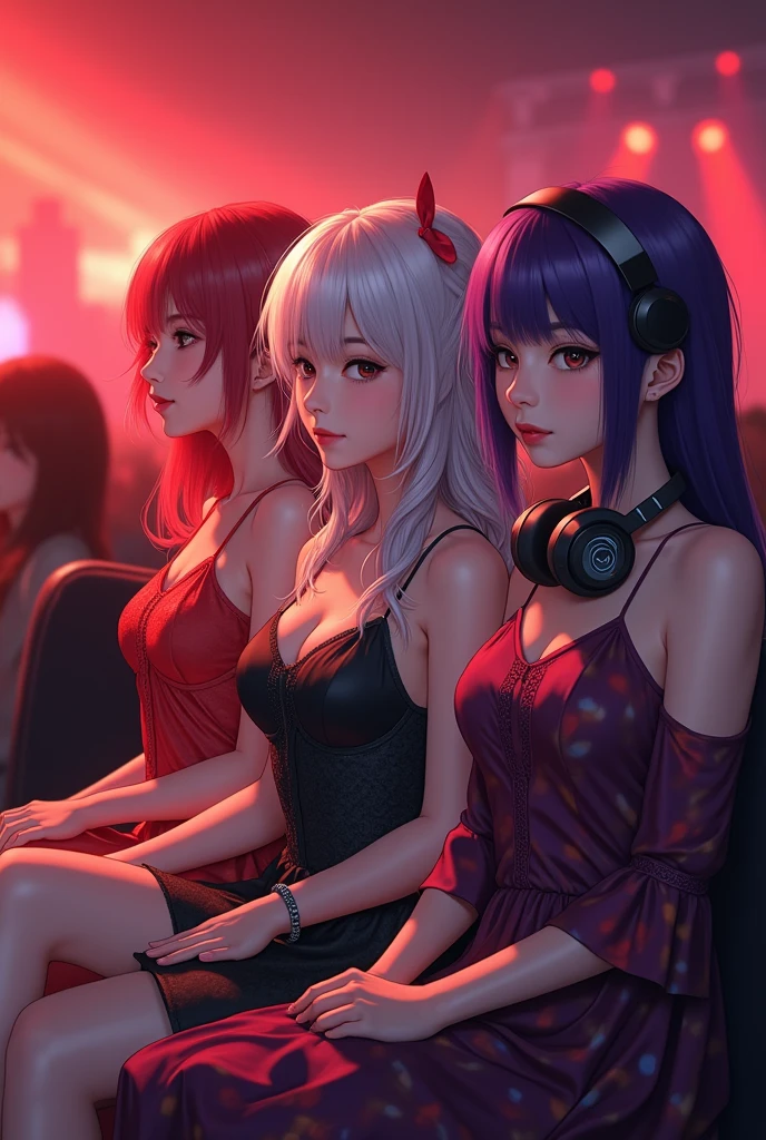 A woman with long, white hair with bangs and waves,She will wear a black and white dress.,She will be joined by a red-haired woman who will be wearing a red dress and an Asian purple-haired woman who will be wearing a purple and red dress and headphones around her neck..,They will be at a singer&#39;s concert and there will be red lights