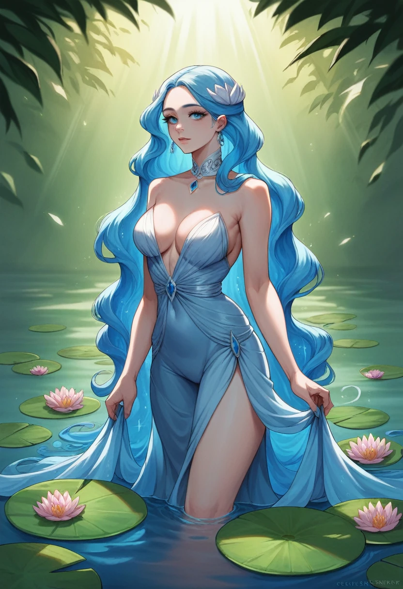 A beautiful water goddess, long flowing blue hair, blue piercing eyes, flawless pale skin, elegant flowing dress, standing in a tranquil lake surrounded by water lilies and lotus flowers, sunlight shining on the water, Ethereal and serene atmosphere, (best qualityer,8k,high resolution,work of art:1.2),ultra detali,(realisitic,photorealisitic,photo-realisitic:1.37),digitl art, cinematic lighting, swirly vibrant colors, dramatic composition, along with Sonic the Hedgehog