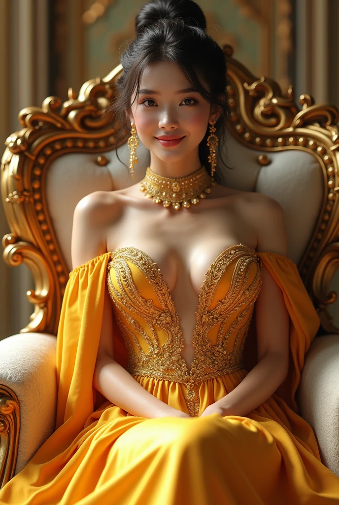 ((Beautiful princess))8K、An ultra-high picture quality、Ultra-realistic detailasutepiece、3d rendered、Golden decoration、(The chest is wide open:0.8)、(Skin revealing:1.2)、Sit in a plush chair、Crisp skin、Beautiful body curves、Smiling、