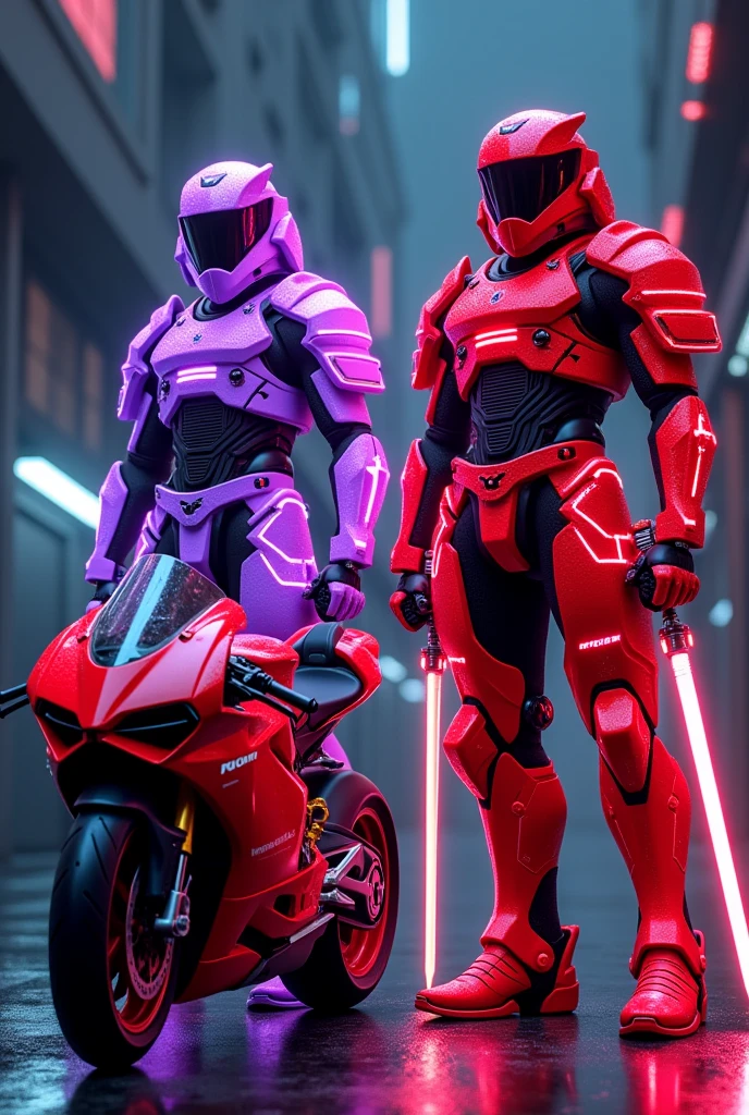 Purple neon mecha samurai and next to it red neon mecha samurai with a motorcycle Ducati panigal v4