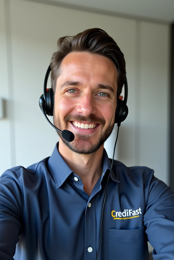 A sales consultant taking a selfie using a headset with a microphone wearing a shirt with the name of his company: “Credifast”.