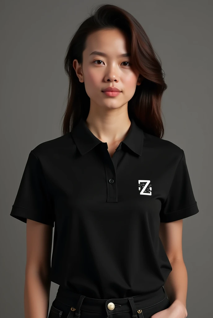 create a women's polo shirt with a logo related to Generation Z, with the following characteristics:
T-Shirt Description:
styled: Women's polo shirt, basica.
Farbe: A solid color, only black.
logo: in the right side (right of the wearer) from the chest, a logo that refers to Generation Z. It may include elements such as symbols of a person characteristic of that generation., in a classic and discreet style in white, Without vibrant colors.