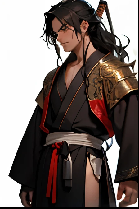 Young man with white skin and black hair. shoulder-length hair. Wavy hair with a fringe on the forehead. cicatriz. athletic body. samurai clothes, robes and tunic with metal details. Holding a katana with a determined look. anime styling. His clothes are black and brown, with some red parts.