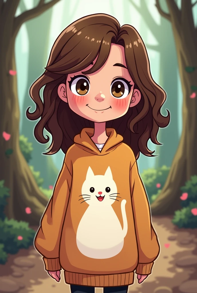 Drawing of a  girl in the cartoon style of Gravity Falls, wavy brown hair, Brown eyes, sweater with a white cat