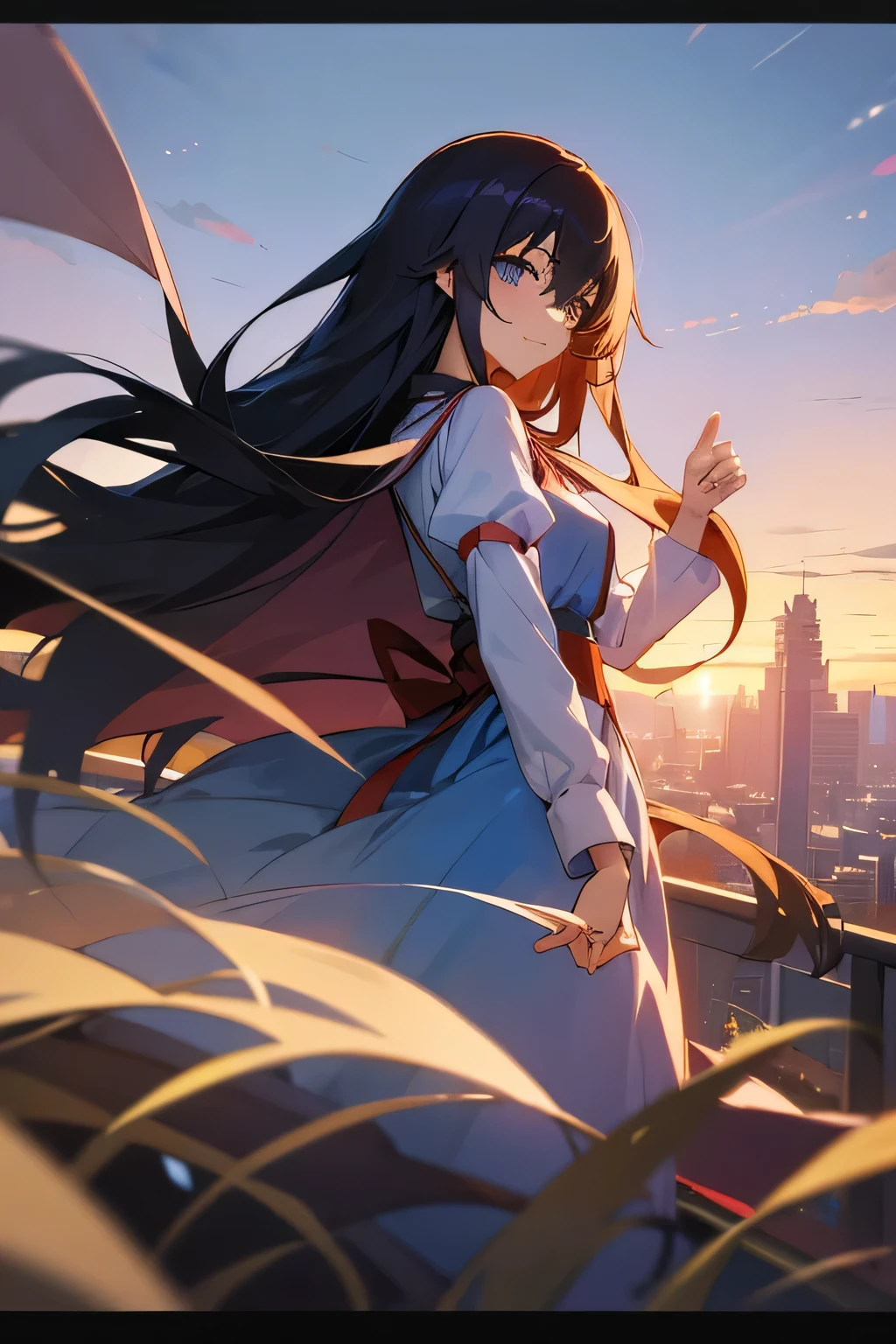((masterpiece)), Sunset, Anime girl with long black hair and blue eyes pointing at something, inspired by Alice Prin, Moe anime art style, picture of ((mischievous)), Mayuri Shiina Desde Steins Gate, in an anime style, Alicia from Alicia in wonder land, mischievous!!, I will also make fanart., Alicia's sister, evil smile, Alicia