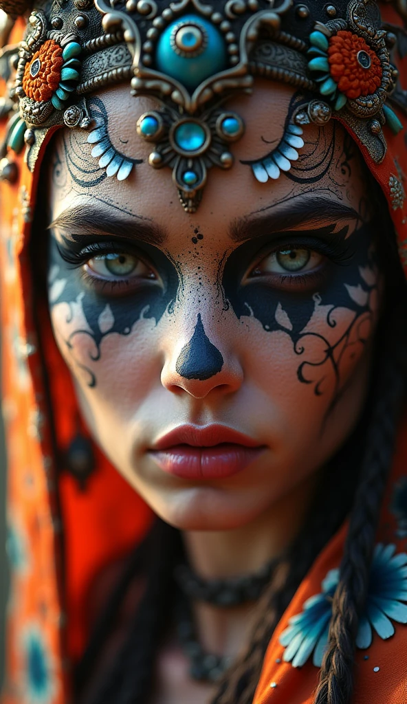 aloy horizon zero dawn, beautiful detailed eyes, beautiful detailed lips, extremely detailed eyes and face, thick eyebrows, portrait, girl with day of the dead makeup, dramatic lighting, dramatic pose, intricate headdress, vibrant colors, cinematic composition, digital painting, hyper detailed, artstation, award winning, masterpiece