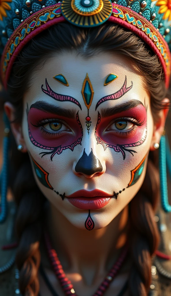 aloy horizon zero dawn, beautiful detailed eyes, beautiful detailed lips, extremely detailed eyes and face, thick eyebrows, portrait, girl with day of the dead makeup, dramatic lighting, dramatic pose, intricate headdress, vibrant colors, cinematic composition, digital painting, hyper detailed, artstation, award winning, masterpiece