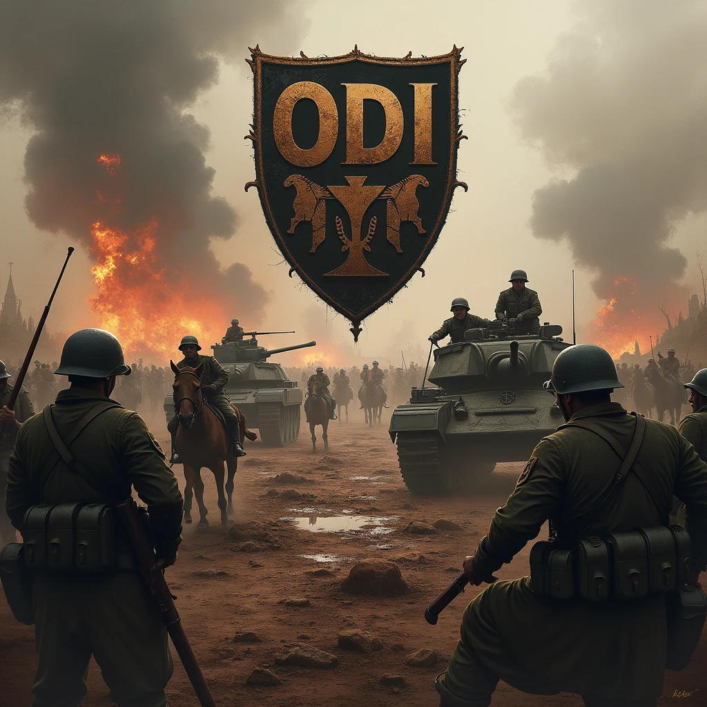 Coat of arms with the word ODI in capital letters, in the middle of a battle of the first world war, where there are tanks, horses, explosions and blood