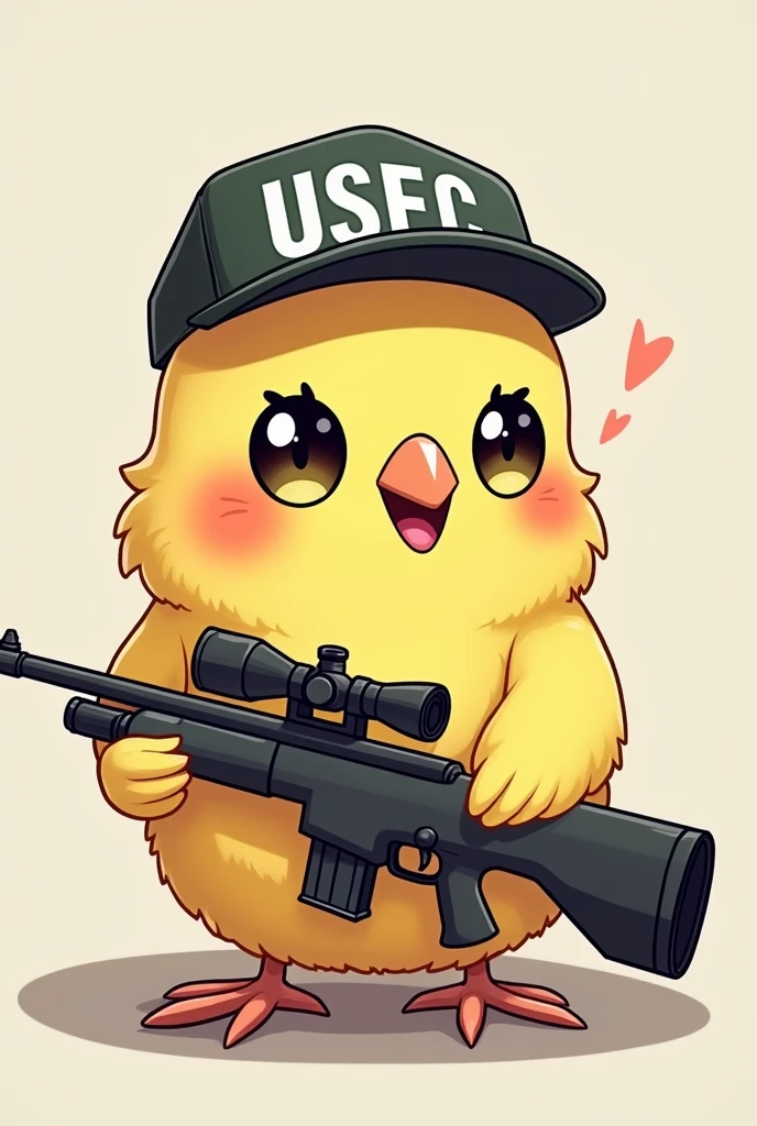 Simple hand drawing image, fullcolor, menos realista. A cute cockatiel, wearing a USEC cap from the game Escape from Tarkov, with a sniper rifle