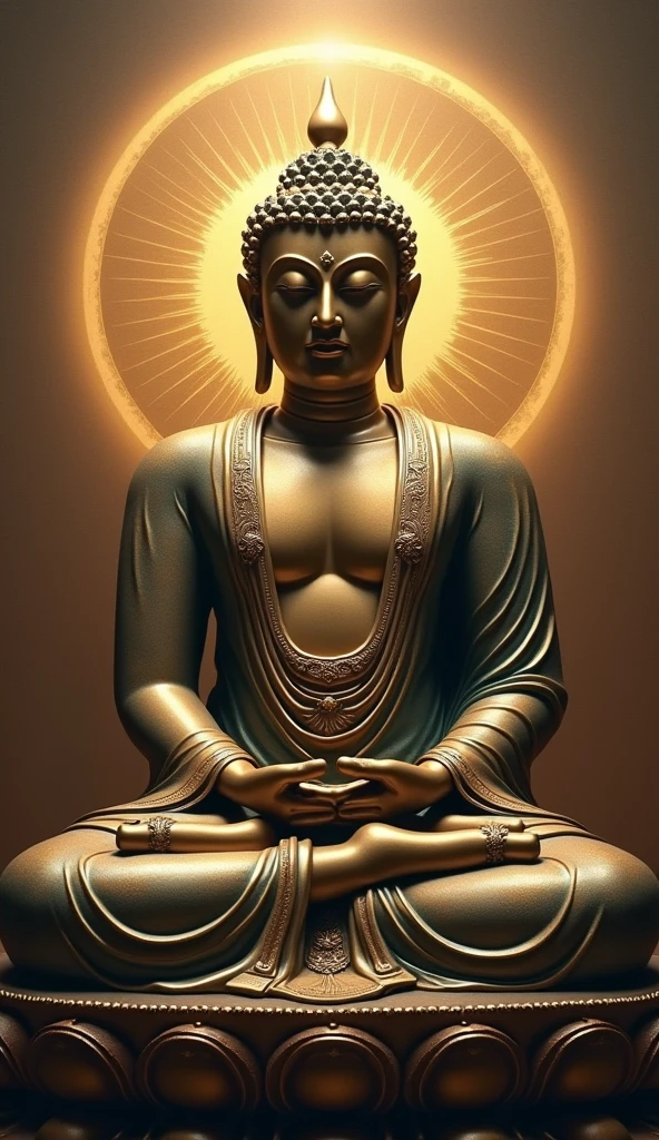 Create an image of a large Buddha statue representing the Tathagata (Suchness) or Buddha of Great Enlightenment, styled in a classical, ancient manner. The statue should be depicted in great detail, showcasing its monumental size and intricate craftsmanship. Use a classic color palette with tones of bronze, aged gold, and deep earth hues to evoke a sense of timeless mystery. The image can focus on either a detailed portion of the statue or the entire figure. Include a large, radiant halo or aura behind the statue to enhance its divine presence and spiritual significance. The overall atmosphere should be enigmatic and reverent, highlighting the statue’s grandeur and sacred essence.





