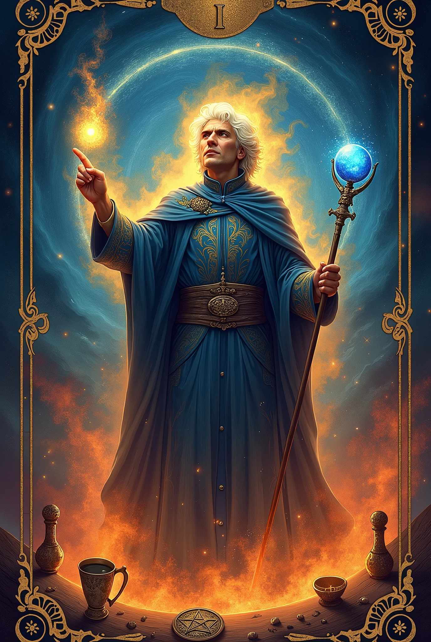 The Magician, the first card of the Major Arcana, standing confidently in the center, embodying the number I. His figure is outlined with a fiery aura, symbolizing power and the element of fire. He holds a wand in his right hand pointing towards the sky, while his left hand is directed to the earth, bridging the gap between the cosmos and the material plane. The wand is adorned with a blue sphere, representing the boundless potential of the universe, and the background is a cosmic tapestry of swirling blues and reds, reflecting the dynamic interplay of the elements. The Magician's cloak is a deep shade of blue, reminiscent of the vastness of space and the depth of his knowledge. On the table before him are the tools of his trade: a cup filled with water, a sword, and a pentacle, each a testament to his mastery over the forces of emotion, thought, and spirit. His eyes are sharp and focused, hinting at the internal battle he must endure to harness the chaotic forces around him. The overall composition is a powerful representation of the Magician's ability to manipulate the cosmos through his will and the ancient art of tarot, inviting the viewer to consider their own capacity for transformation and the fight within to harness their inner power.