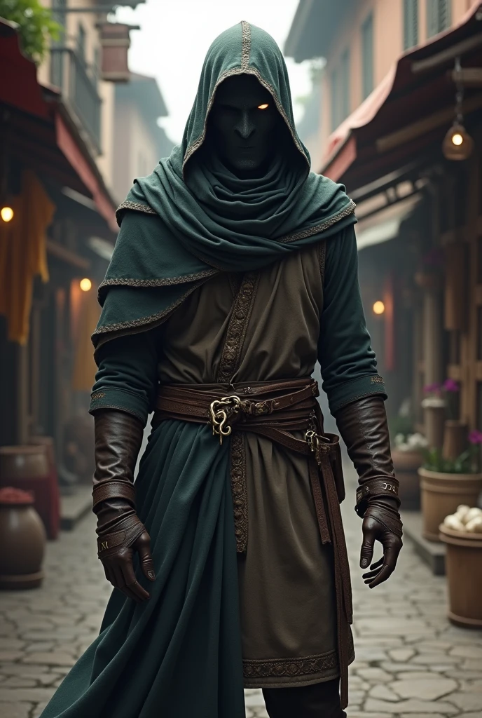 Tall thin man, he is a merchant from an RPG world, he is very suspicious, he wears a tunic and mask that covers everything