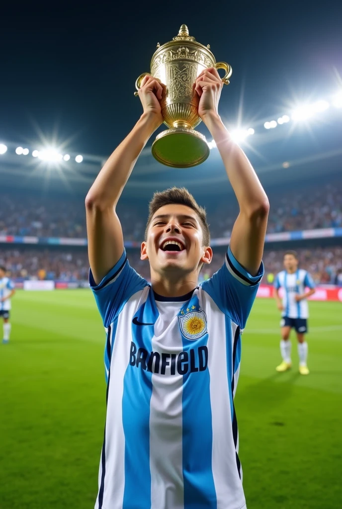 A young player from the Banfield team in Argentina sings the league cup with the cup.