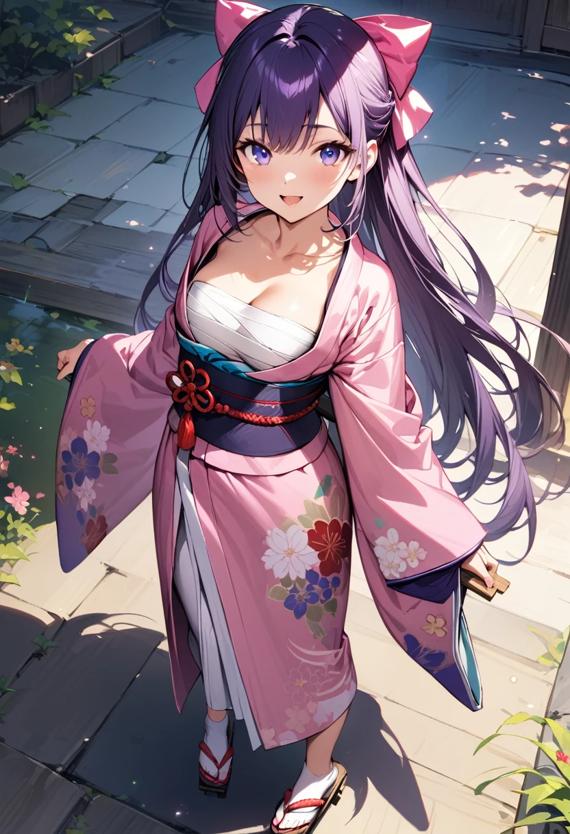 (masterpiece),(best quality),(ultra-detailed),(best illustration),(best shadow),(absurdres),(detailed background),(very aesthetic), 1girl, solo, japanese-clothes, sarashi, full-body, bow, kimono, purple-hair, hair-bow, simple-background, sandals, looking-at-viewer, sheath, pink-bow, purple-eyes, sheathed, pink-kimono, standing, blue-eyes, smile, geta, floral-print, open-mouth, ribbon, wide-sleeves, very-long-hair
