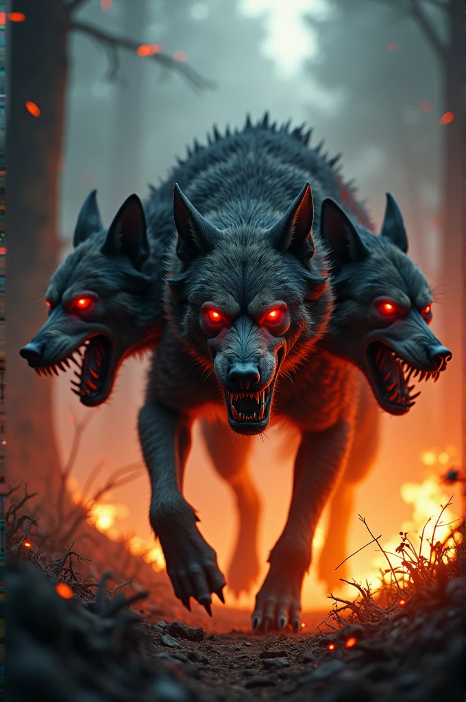 A scary 3-headed dog in a burning forest