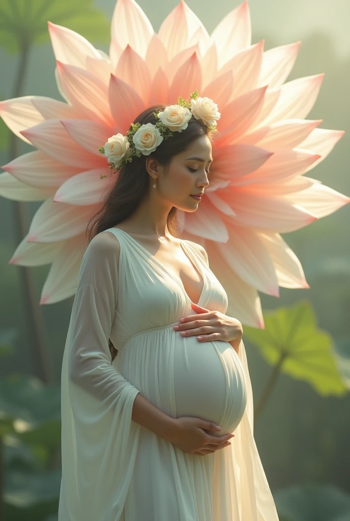 pregnant woman in a white dress standing in front of a large flower, digital art inspired by Anne Geddes, trending on cg society, digital art, maternal photography 4 k, pregnant belly, pregnant, maternity feeling, pregnancy, full body pose, lotus floral crown girl, flower goddess, standing gracefully upon a lotus, ad image, lady with glowing flowers dress