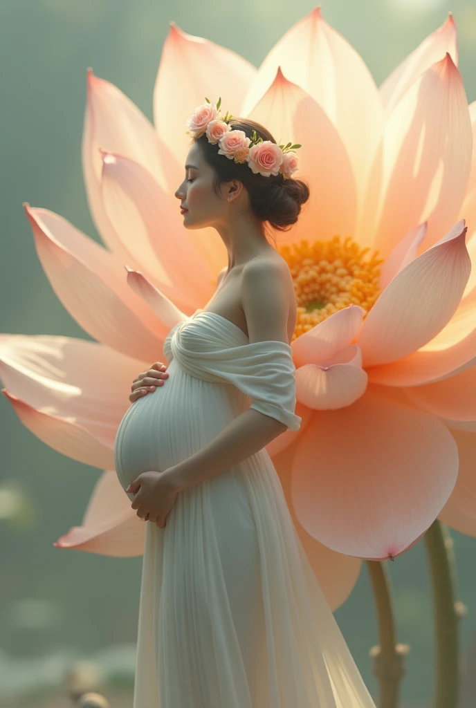 pregnant woman in a white dress standing in front of a large flower, digital art inspired by Anne Geddes, trending on cg society, digital art, maternal photography 4 k, pregnant belly, pregnant, maternity feeling, pregnancy, full body pose, lotus floral crown girl, flower goddess, standing gracefully upon a lotus, ad image, lady with glowing flowers dress
