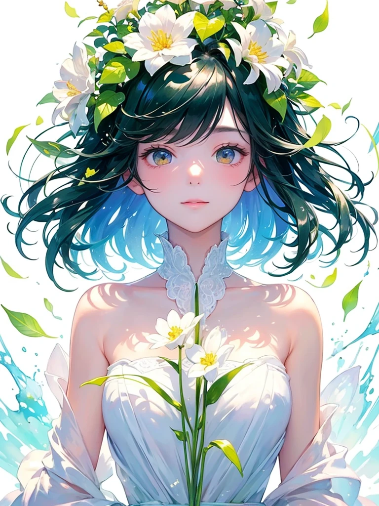 (masterpiece、Highest quality、Highest quality、Beautiful and beautiful:1.2)、Excellent anatomy、（Watercolor painting 1.5）、Long Shot、Straight short hair picture、Trendy Hair Color, Beautiful Face、I close my eyes and pray, Fairy, 蝶のFairyのコスチューム、Pure white、Pure、charm, Colorful flowers of various colors, Flowers and leaves green wind、Botanical Art, Mr.々A pose