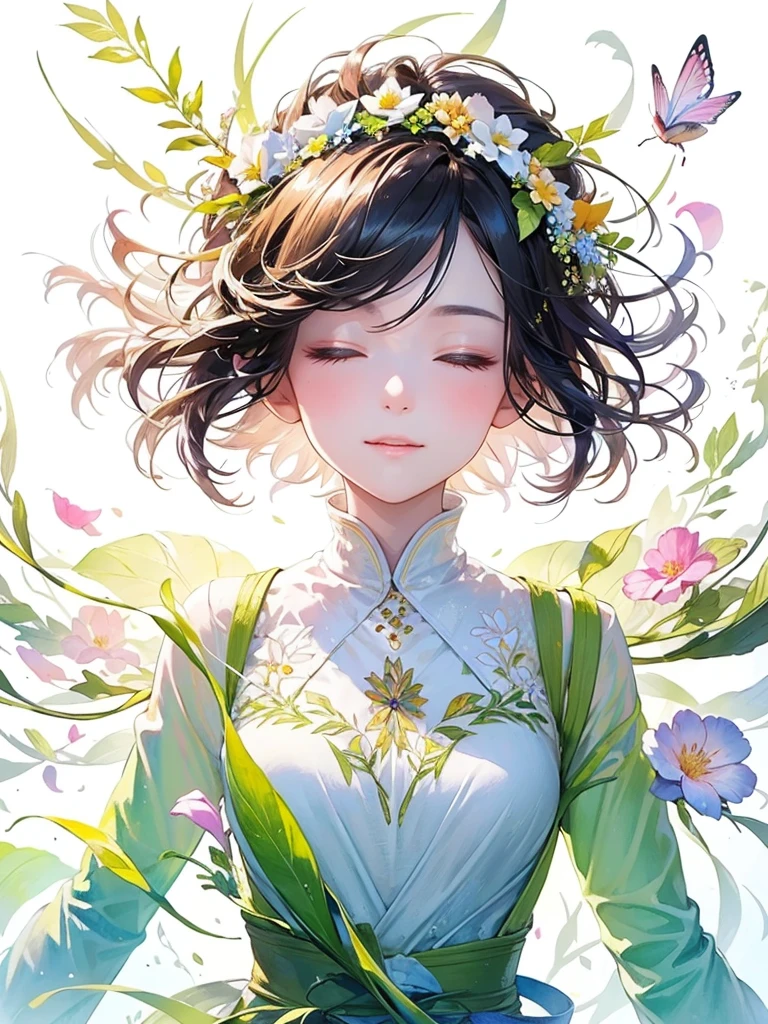 (masterpiece、Highest quality、Highest quality、Beautiful and beautiful:1.2)、Excellent anatomy、(Watercolor painting 1.5)、Composition looking up from a low position、Long Shot、Straight short hair picture、Beautiful smile、Butterfly fairy costume、Pure white、Pure、charm、Looking into the camera、Colorful flowers, Flowers and leaves green wind、Botanical Art, Mr.々A pose