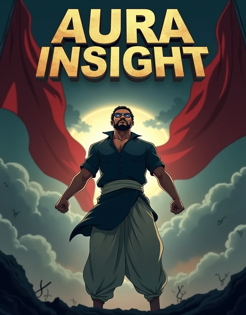 Create a anime style landscape image. Dramatic movie poster featuring a central male figure standing in a powerful pose with his fists clenched. The man has a medium skin tone and is dressed in traditional attire, including a dark shirt and a light-colored dhoti. The background is dark and stormy, with ominous clouds and two red flags flanking the figure. The text at the top is in a stylized font, colored in a gradient of gold and white, and written. The CAPITAL FONT text '((AURA INSIGHT))'. The overall tone of the poster is intense and heroic, with a focus on the central character's strength and determination.