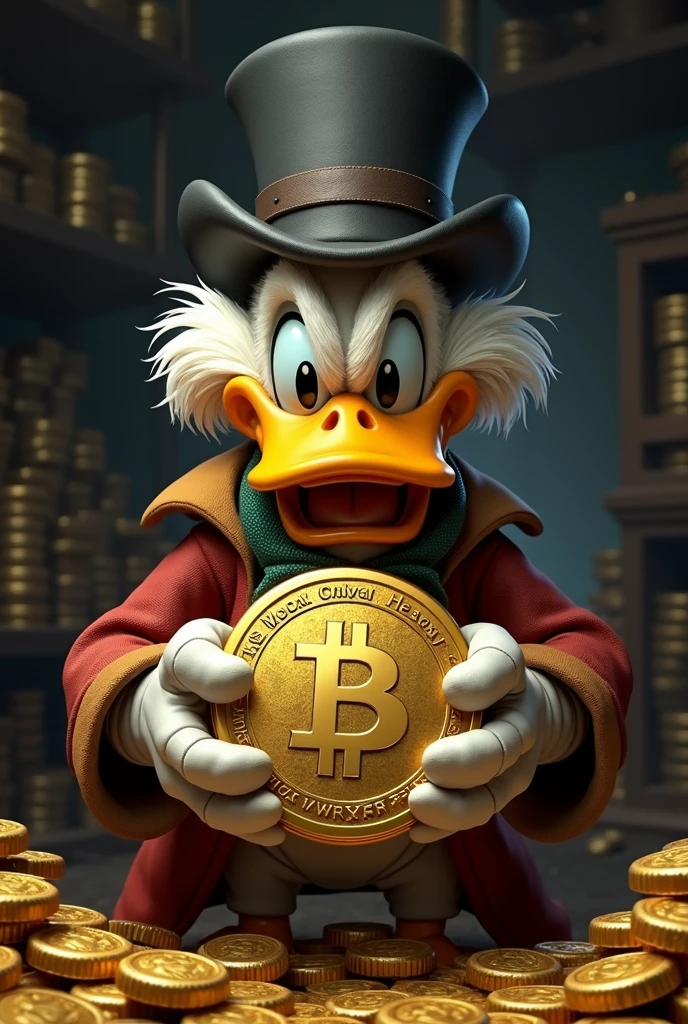 uncle scrooge holding a realistic coin