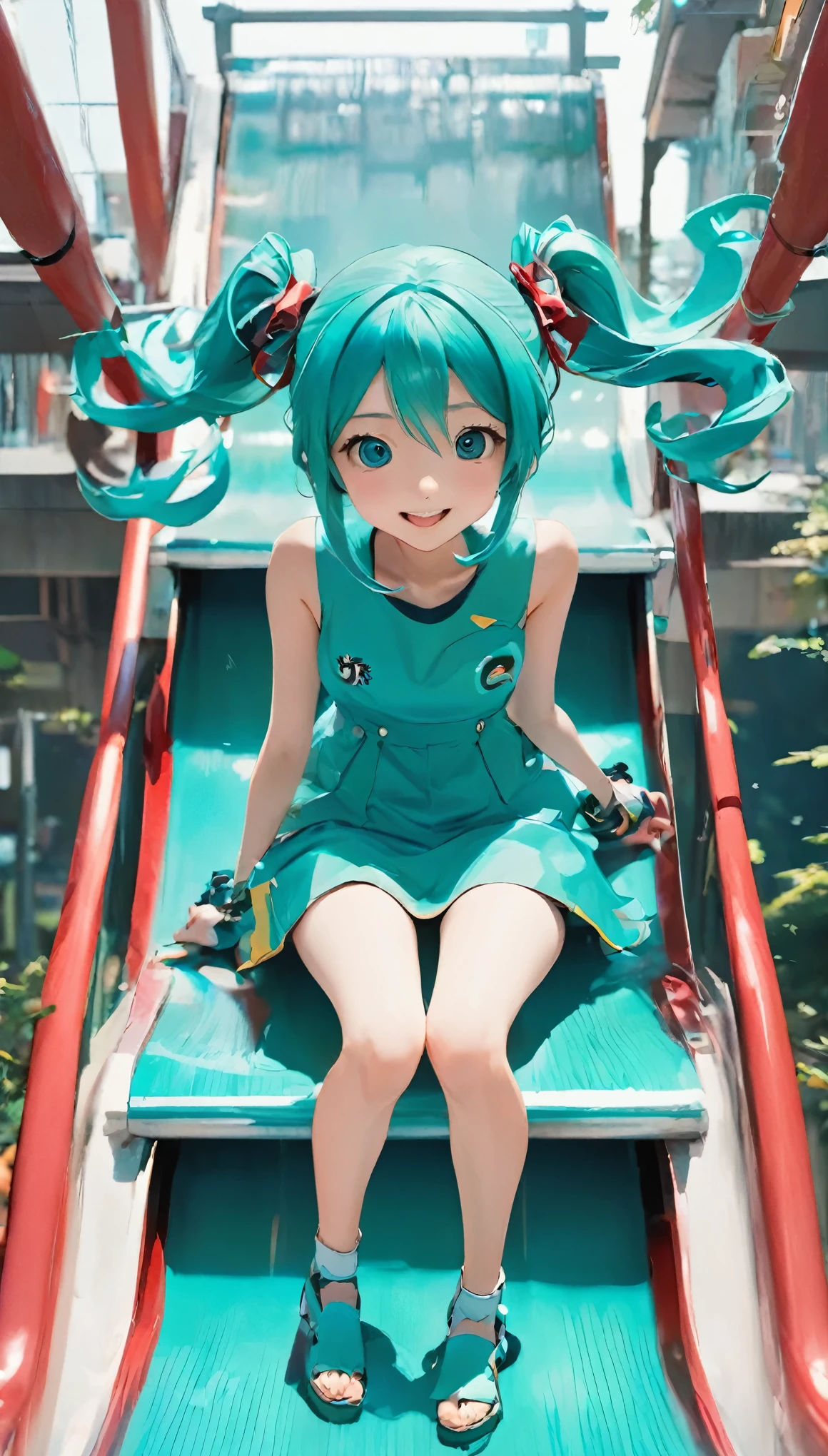 masterpiece、Highest quality、1.woman、20-year-old、Hatsune Miku、Surrealism、On the slide、Standing with your legs apart