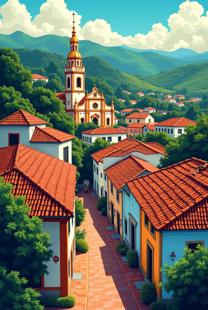 Create a drawing that represents the city of Olinda-PE and its culture with lots of colors and symbols without people. 