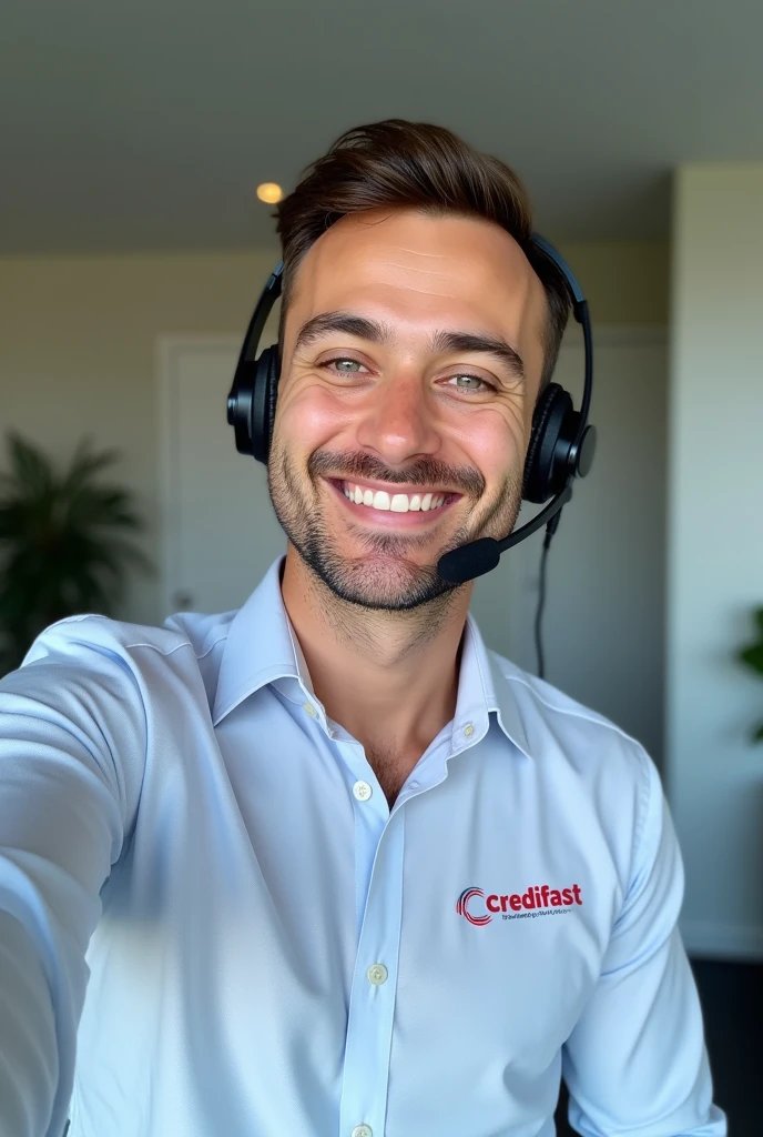 A sales consultant taking a selfie using a headset with a microphone wearing a shirt with the name of his company: “Credifast”.