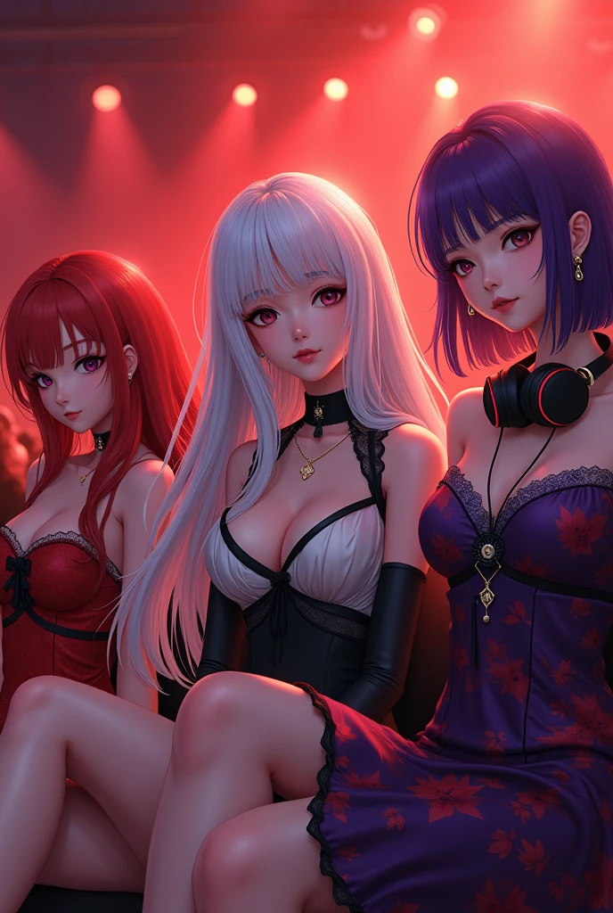 A woman with long, white hair with bangs and waves,She will wear a black and white dress.,She will be joined by a red-haired woman who will be wearing a red dress and an Asian purple-haired woman who will be wearing a purple and red dress and headphones around her neck..,They will be at a singer's concert and there will be red lights