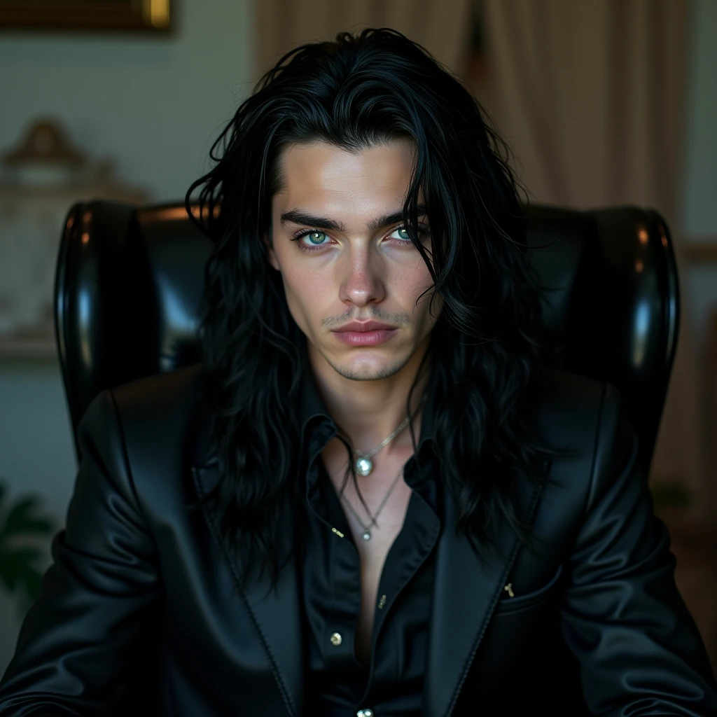 A y young male with teal blue eyes and long straight black hair, with pretty and delicate facial features, he is wearing gothic black clothes. His skin is pale and white. He has thick and shiny legs. (Male) (Black and purple) (Make it realistic) ((no facial hair)) ((no body hair))) ((masterpiece)) ((detailed) (((NO facial hair or body hair)) ((sex