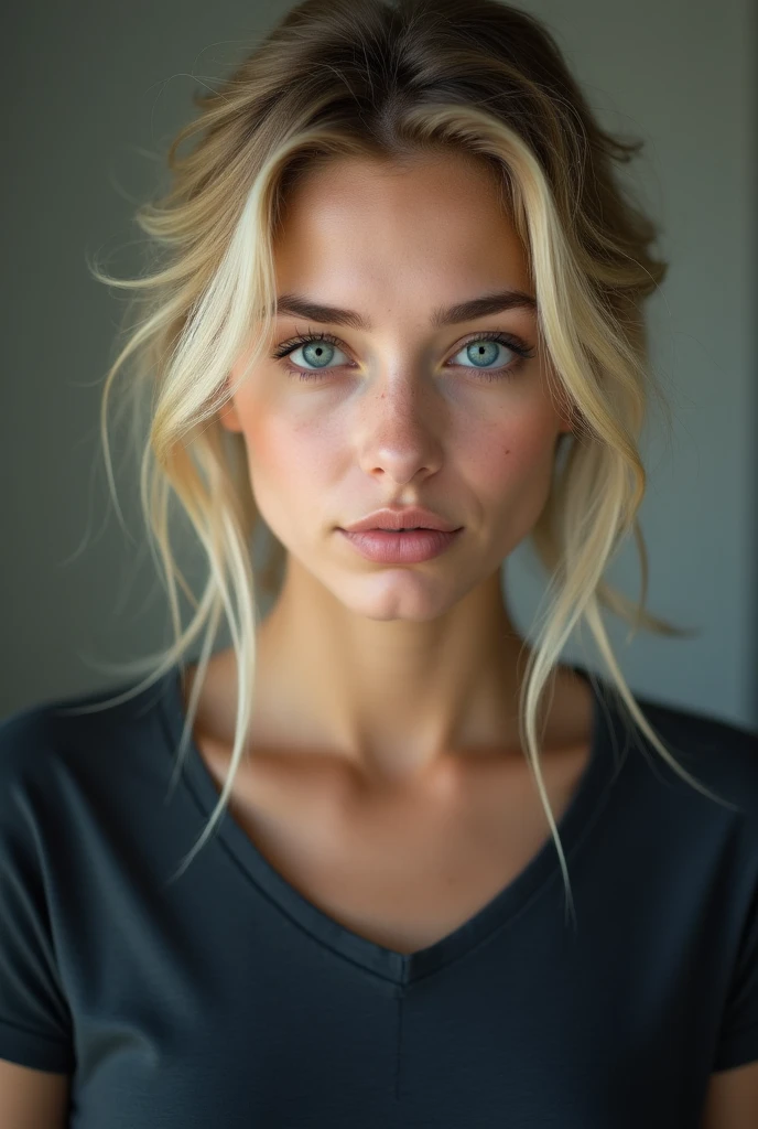 nice blonde girl with blue eyes and a dark t-shirt