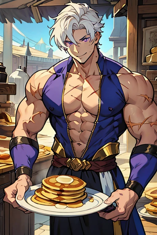 man, short white hair, purple eyes, muscular, golden armor with bare chest, with scars on the face, with scars on the torso, with big pecs, with a plate of pancakes, with a smile 