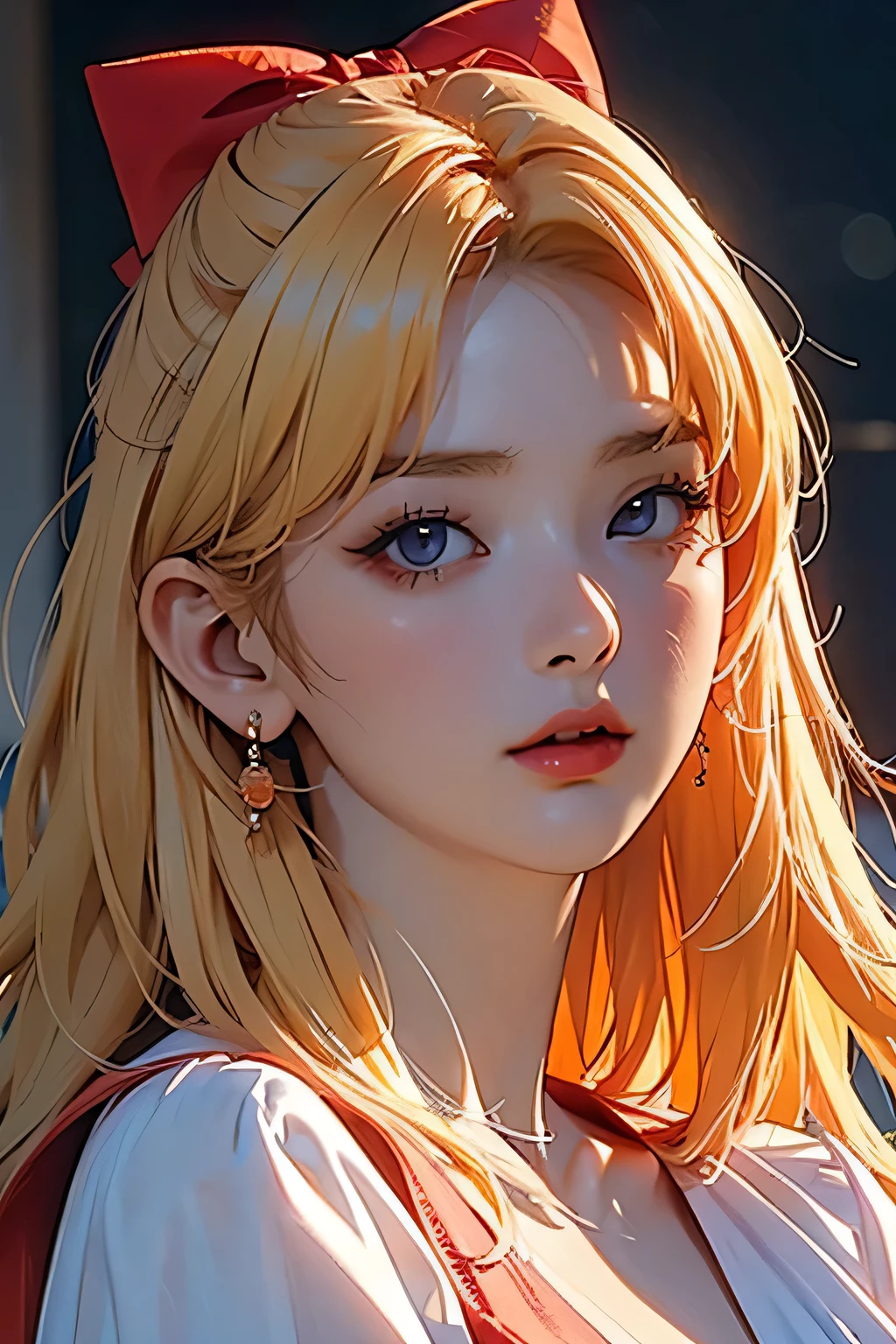 Seulgi, orange satin dress, long blonde hair, red hair bow, beautiful detailed eyes, beautiful detailed lips, extremely detailed face, longeyelashes, elegant pose, dramatic lighting, cinematic, chiaroscuro, dramatic shadows, moody, atmospheric, photorealistic, 8k, best quality, masterpiece