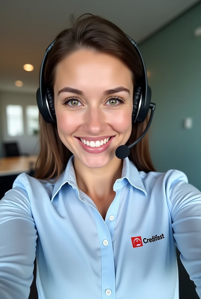 A sales consultant taking a selfie using a headset with a microphone wearing a shirt with the name of his company: “Credifast”.