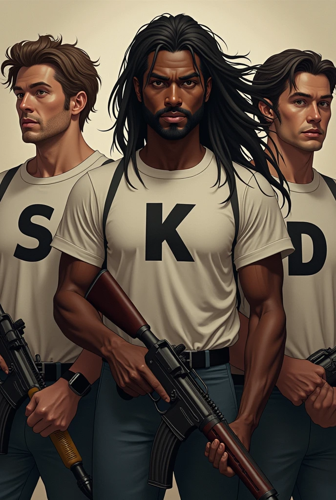 Three men, one dark-skinned and two skin-colored, with weapons and on their shirts the letter (s) the other la letra (k) y the other (D) dos hombres son de color piel blanca y the other es moreno uno con la letras (s) the other (k) y the other (D) a man with long hair 